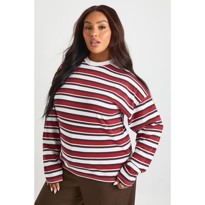boohoo Dames Plus T-shirt met ronde hals en lange mouwen | Bordeaux Rood | Maat: 46