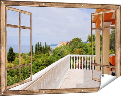 Gards Tuinposter Doorkijk Terras in Toscane - 120x80 cm - Tuindoek - Tuindecoratie - Wanddecoratie buiten - Tuinschilderij