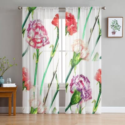 Waterverf Bloemen Doorzichtige Gordijnen voor Woonkamer Transparante Tule Raambekleding Slaapkamer Keuken Huisdecoratie Sluier Gordijnen 135W x 114H(cm) white