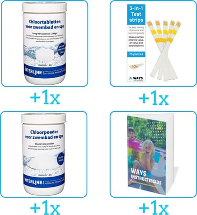 Zwembad Onderhoudspakket - Onderhoud Zwembad - bevat Chloor - Testrips - Chloor en Zwembadgids (4-delig)