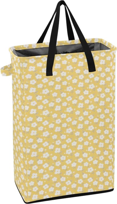Smalle Wasmand - Opvouwbare Mand - Kleding Opbergen - Vrijstaand met Stangen - 48 Liter Capaciteit - Bloemen Geel