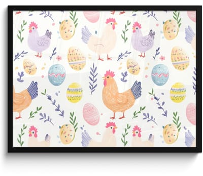 Poster in lijst - Fotolijst 70x50 cm - Posters - Patroon - Kip - Paaseieren - Posterlijst zwart - Decoratie - Wanddecoratie woonkamer - Muurdecoratie slaapkamer