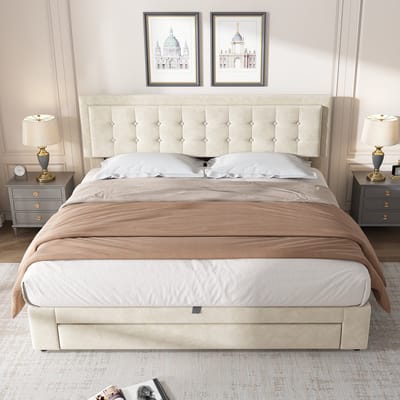 DESMIU Gestoffeerd Bed 160x200 cm – Verstelbaar Hoofdbord En Grote Opbergruimte – Hydraulisch Systeem Met Laden – Tweepersoonsbed – Fluweel – Beige – Zonder Matras