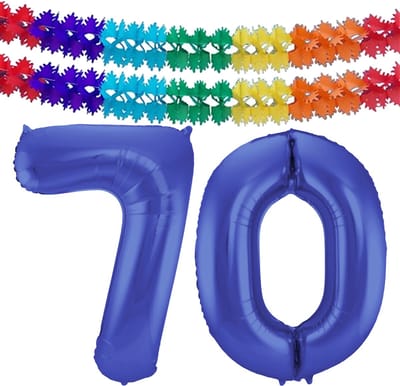 Folat Verjaardag Leeftijd folieballon - 70 jaar - blauw - 86 cm - cijferballon groot - incl 2x feestslingers