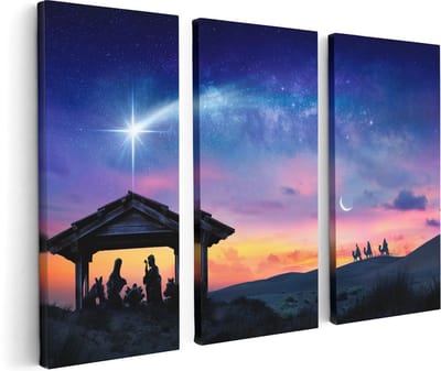 Artaza Canvas Schilderij Drieluik Heilige Familie van Jezus met de Ster van Bethlehem  - 120x80 - Foto Op Canvas - Canvas Print