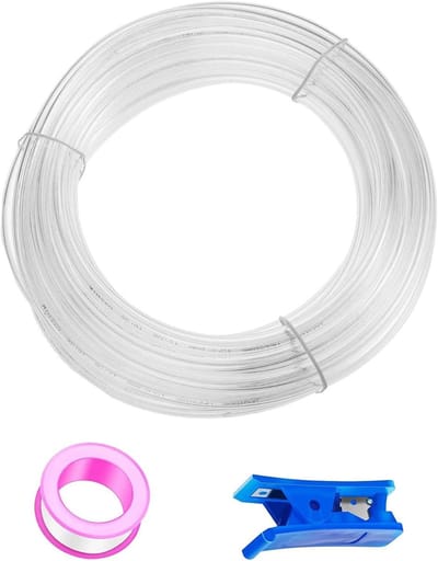 Pneumatische slang 20 m transparant voor perslucht, 6 mm x 4 mm, inclusief blauwe buis snijder en roze Teflon tape