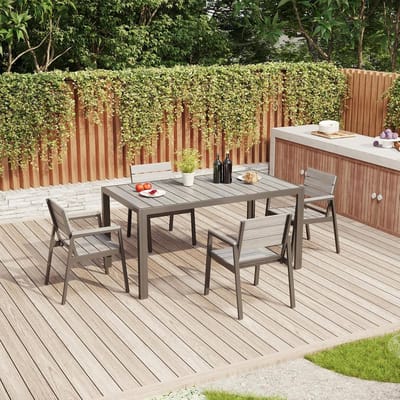Tuinmeubelset 150x80 cm 4 Personen Aluminium Houtlook Tuintafel met 4 Stoelen en Armleuningen – Weerbestendige Balkon- en Terrasmeubelen Grijs – Laura