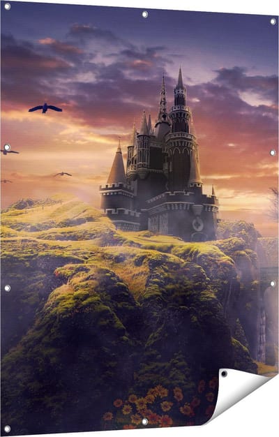 Gards Tuinposter Oud Kasteel op een Heuvel - 90x120 cm - Tuindoek - Tuindecoratie - Wanddecoratie buiten - Tuinschilderij