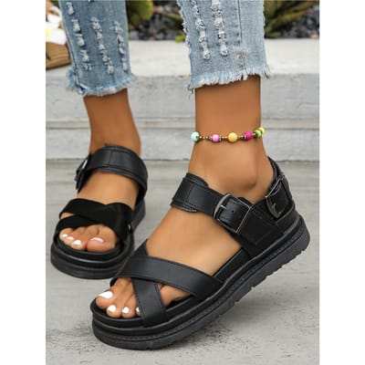 PU Leer Plateau Sandalen voor Dames Zomer Comfortabel Antislip Strandschoenen Vrouw Dikke Zool Gesp Band Zwart Sandalias Mujer 42