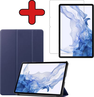 Hoesje - Geschikt voor Samsung Galaxy Tab S8 - Met Screenprotector - Hardcover Book Case - Trifold Bookcase Hoes - Hard Cover - Tablethoes - Donkerblauw