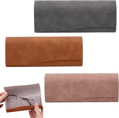 Set van 3 Leren Brillenhoezen met Magnetische Sluiting voor Myopie, Stralingbescherming en Bescherming tegen Krassen - Roze, Bruin, Grijs 16 x 6,3 x 3,2 cm