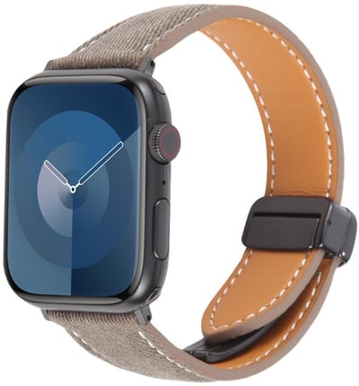 Hybride bandje leer + denim - geschikt voor Apple Watch 1/2/3/4/5/6/7/8/9/10/11/ SE (1,2,3) met maat 38 mm / 40 mm / 41 mm en 42 mm (Watch 10/11) - magneetsluiting - bruin