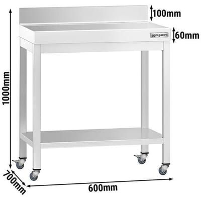GGM Gastro Edelstahl Arbeitstisch PREMIUM - 600x700mm - mit Grundboden, Aufkantung & Rollen