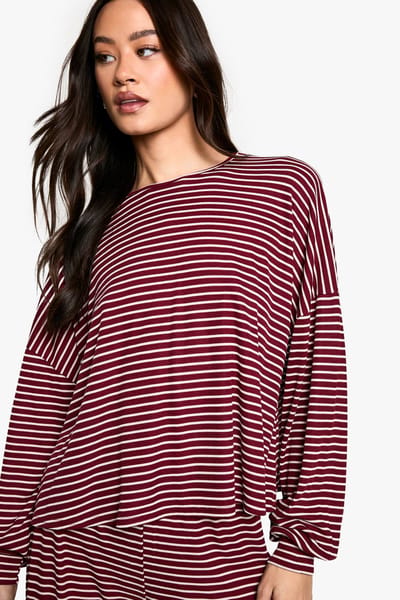 boohoo Dames Hoog Loungewear Gestreepte Lange Mouwen Top & Broek Pyjama Set | Burgundy | Maat: 10