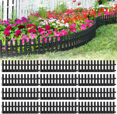 Grasrand tuinrand / opsluitband imitatie - set van 12 - lengte 5,2 m - hoogte 13 cm - weerbestendig flexibel kunststof - antraciet - incl. 20 cm haringen (24 stuks)