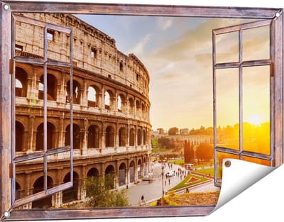 Gards Tuinposter Doorkijk Colosseum bij Zonsondergang in Italïe - 90x60 cm - Tuindoek - Tuindecoratie - Wanddecoratie buiten - Tuinschilderij