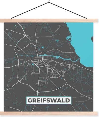 Posterhanger incl. Poster 40x40 cm - Schoolplaat - Duitsland – Blauw – Greifswald– Stadskaart – Kaart – Plattegrond - Textielposter - Blanke latten - Stadskaart