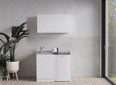 Goedkope keuken 100  cm - mini keuken met apparatuur Levin - Wit/Wit - keramische kookplaat  - koelkast          - kleine keuken - compacte keuken - keukenblok met apparatuur
