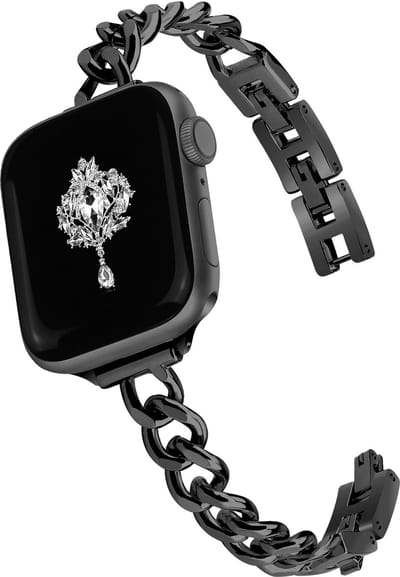 Stravo Luxe Schakel Bandje – Geschikt voor Apple Watch 46mm (Series 10/11), 45mm (Series 7/8/9), 44mm (Series 4/5/6, SE 1/2/3), 49mm (Ultra 1/2/3) – Elegant Metalen Dames Horlogebandje – Zwart