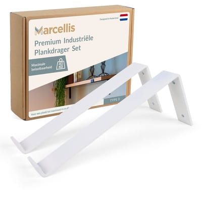 Marcellis - 2x Industriële plankdrager XL - Voor plank 30cm + schroefset - mat wit - staal - T3