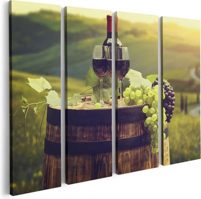 Artaza Canvas Schilderij Vierluik Wijn met Druiven op een Vat in Toscane - 80x60 - Foto Op Canvas - Canvas Print