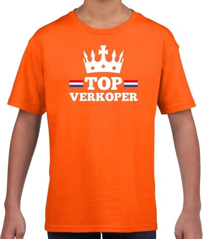 Top verkoper met kroontje t-shirt / shirt oranje kinderen - Koningsdag kleding 110/116