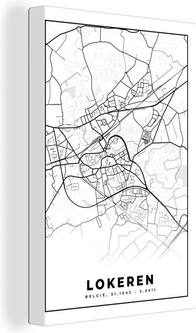 Canvas Schilderij België – Lokeren – Stadskaart – Kaart – Zwart Wit – Plattegrond - 20x30 cm - Wanddecoratie