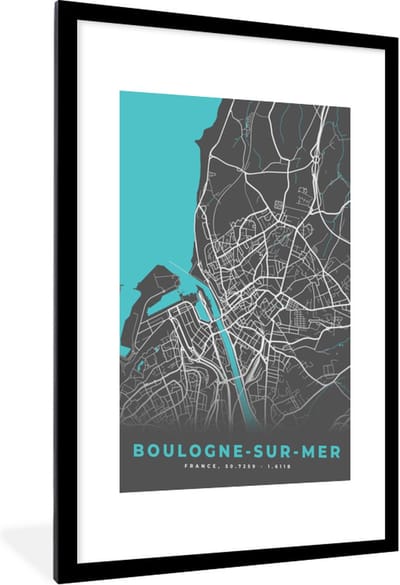 Fotolijst incl. Poster - Frankrijk - Boulogne-sur-Mer - Stadskaart - Kaart - Plattegrond - 60x90 cm - Posterlijst