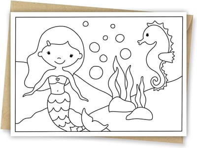 Inkleurkaart Zeemeermin - Onderwaterwereld - Kaarten om zelf in te kleuren - Kinderkaart - DIY - Inclusief kraft envelop