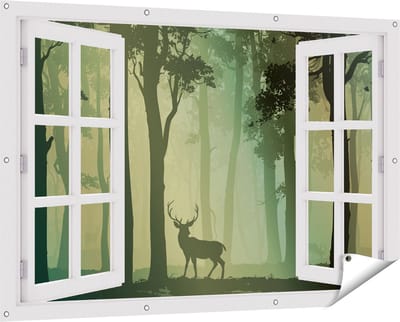 Gards Tuinposter Doorkijk Hert in het Bos - Silhouet - 150x100 cm - Tuindoek - Tuindecoratie - Wanddecoratie buiten - Tuinschilderij