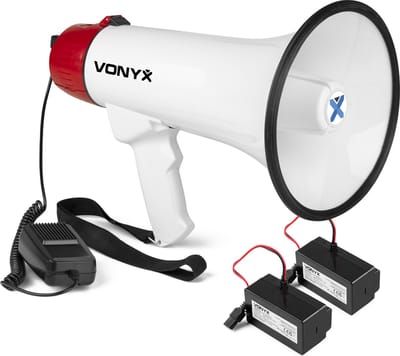 Vonyx MEG045 Megafoon set met 2x lithium-ion accu’s - 45W Megafoon met sirene en Bluetooth - Roodwit