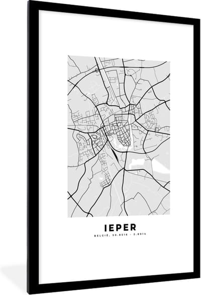 Fotolijst incl. Poster Zwart Wit- Plattegrond – Ieper – Zwart Wit – Stadskaart - Kaart - 80x120 cm - Posterlijst