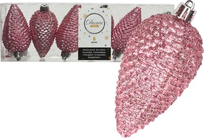 Decoris Kersthangers dennenappels - 6x - lippenstift roze - glitter - 8 cm - kunststof