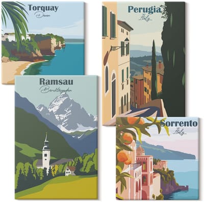 Wallfluent Set van canvas schilderijen - Berglandschappen en straten van Europese steden Canvas Schilderijen Set - Set van 4 Canvas Schilderijen - Veelkleurig Set van Canvas Prints - Steden Canvas Kunst Set - Boheemse Canvas Kunst Set