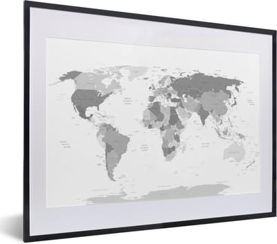 Poster in lijst - Fotolijst 40x30 cm - Posters - Wereldkaart - Topografie - Kleuren - Kind - Jongen - Meiden - Posterlijst zwart - Decoratie - Wanddecoratie woonkamer - Muurdecoratie slaapkamer