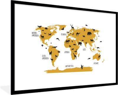 Poster in fotolijst kind - Wereldkaart - Kinderen - Goud - Dieren - Kind - Schilderij voor kinderen - Wanddecoratie kinderkamers - 120x80 cm - Decoratie voor kinderkamers