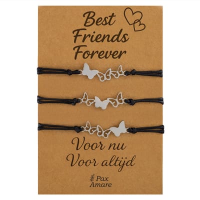 Vriendschapsarmbandjes voor 3 "Best Friends Forever" - Vlinders - BFF Armbandjes met Persoonlijk Cadeau Kaartje - Zilverkleurig - Elastisch Verstelbaar - Pax Amare