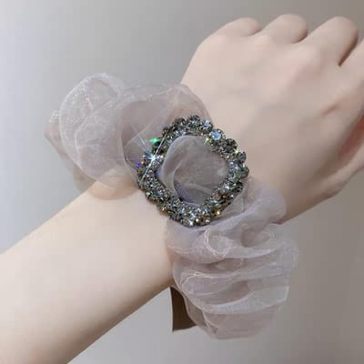 Elegante Organza Dikke Darm Haarbanden Elastisch Glitter Strass Parel Haar Touwen Vrouwen Paardenstaart Houder Rubberen Haarbanden gray