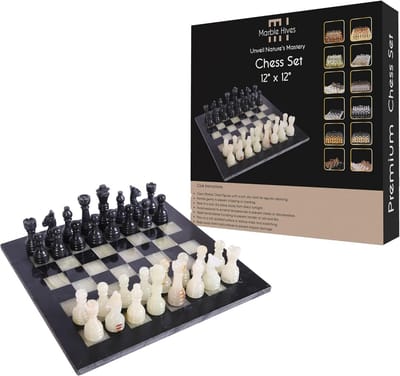 Handgemaakt Marmeren Schaakbord 30x30 cm - Zwart Onyx - Luxe Schaakstukken