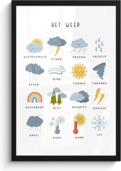 Poster in lijst - Fotolijst 40x60 cm - Posters - Het weer - Leren voor kinderen - Educatief - Regenboog - Zon - Posterlijst zwart - Kamer decoratie - Wanddecoratie kinderkamer - Muurdecoratie babykamer