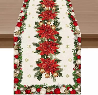 Kersttafelloper, kersttafelkleeddecoratie, kersttafelloper met rode bloemen en kerstboombellen, kersttafelkleed voor kersttafeldecoratie (183 x 33 cm)