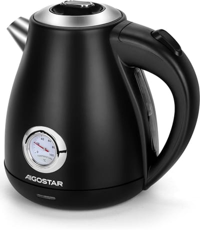 Aigostar Retro Waterkoker - Temperatuurmeter - 1,7 liter - Elektrische Waterkoker - BPA-vrij - 2200W - RVS - Zwart