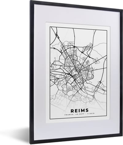 Fotolijst incl. Poster Zwart Wit- Kaart - Plattegrond - Reims - Frankrijk - Stadskaart - Zwart wit - 30x40 cm - Posterlijst
