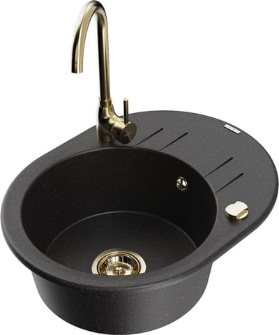 Mexen Kevin granieten gootsteen 1-komers met afdruiprek en keukenmengkraan Telma, zwart/zilver metallic - 6517-73-670200-50