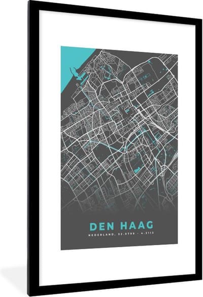 Fotolijst incl. Poster - Stadskaart - Den Haag - Grijs - Blauw - 80x120 cm - Posterlijst - Plattegrond
