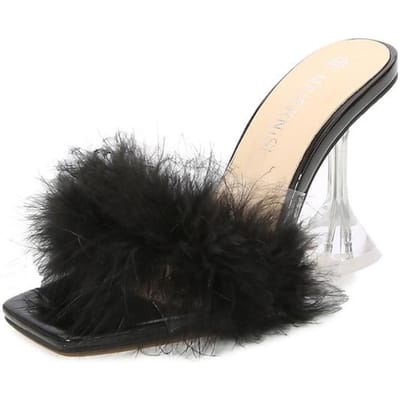 Dames Zomer 9cm Hoge Hakken Slides Bont Transparante Hakken Muiltjes Dames Transparante Platform Slippers Sexy Nachtclub Kwaliteit Schoenen 41 zwart