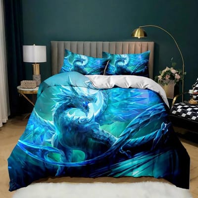 Beddengoed Queen 3D Mythische Draak Print 3-delige Beddengoedsets Met 2 Kussenslopen Kinderen Cool Polyester Dekbedovertrekset Zonder Dekbed AU Single 140x210cm