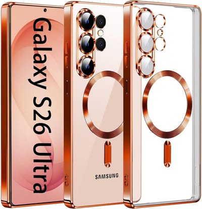 Hoesje Geschikt voor Samsung Galaxy S26 Ultra hoesje backcover Oranje – Geschikt voor Magsafe Lens beschermer – Transparant