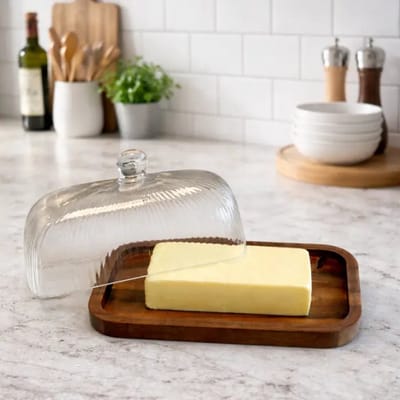 Mulex – boterdoos – glazen deksel – houten basis – geribbeld glas