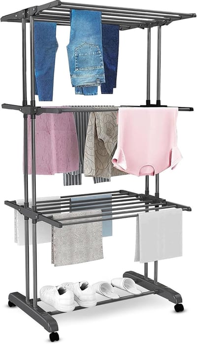 Droogrek - Wasrek - Droogtoren - 3 Lagen - Inklapbaar - 172 cm hoog - Wastoren met Wieltjes - Wasdroogrek - 72x50x172 cm - Donkergrijs